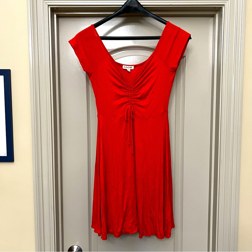 Vibrant Red-Orange Slinky Soft Off-the-Shoulders Dress